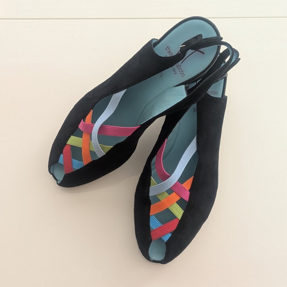 Thierry Rabotin Black Suede Wedge with multi-color straps Size 39.5 EU